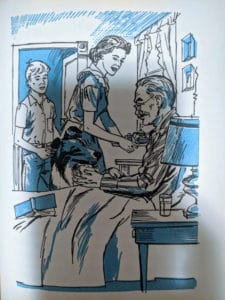 Book illustration showing Lassie with her paw up on the bed where Gramps is laid up, with Jeff and his mom in the background