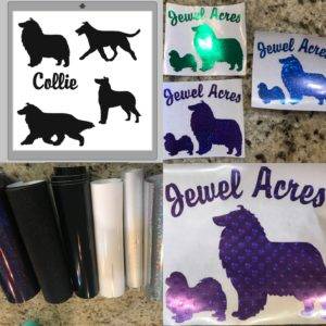 A photo collage showing sticker designs for both Smooth and Rough Collies, as well as a few of the color choices (black, white, purple, blue, green, etc.)