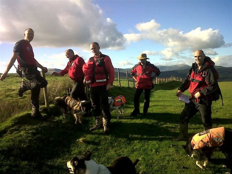 A group of rescue team members and search dogs in a green field