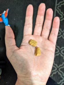American Journey Landmark dog treats lie in my open palm to show their small size as appropriate for training treats