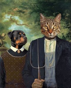 a mockup of the famous American Gothic painting but with a Rottweiler and a tabby cat