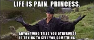 A meme from the movie Princess Diaries with Wesley saying, "Life is pain, Princess. Anyone who tells you otherwise is trying to sell you something."