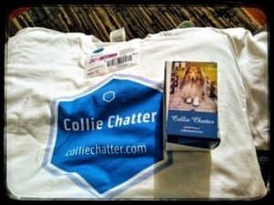 A white t-shirt that says "Collie Chatter" is laid out beside a stack of Collie Chatter business cards c