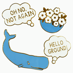 A whale and a pot of petunias fall through the air. The whale thinks "Hello Ground" while the pot of petunias things "oh no not again"