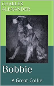 A book cover with an old grayscale photo of a sable and white Collie with a facial blaze. The title reads "Bobbie, A Great Collie"