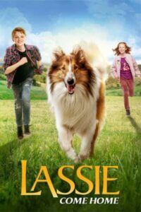 A sable and white Rough Collie with a white blaze on her face runs through a green field with a young boy and girl running behind her
