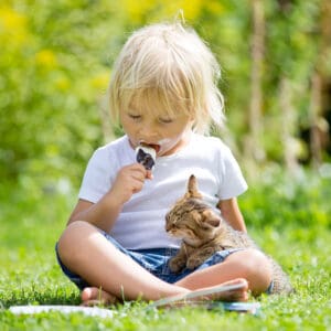 ice cream eating child with kitten