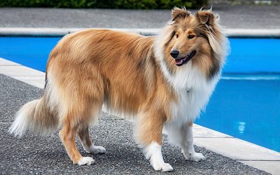 rough collie standing next to blue pool